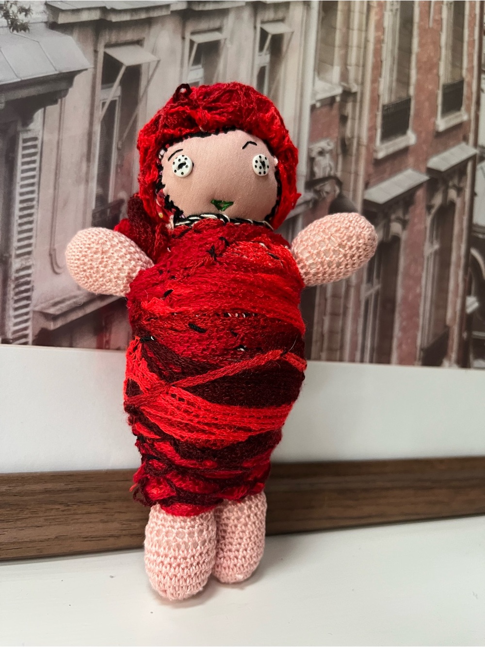 Handmade Crochet Wrapped Doll – Red & Black Fiber Art Plush – Approx. 5” Tall